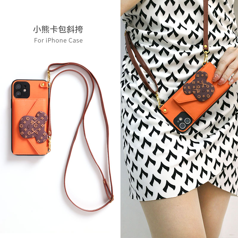 小熊支架适用iPhone13Promax手机壳斜跨苹果12皮革卡包潮11防摔单肩挂绳Xs网红可背包式女皮套XR零钱包8Plus