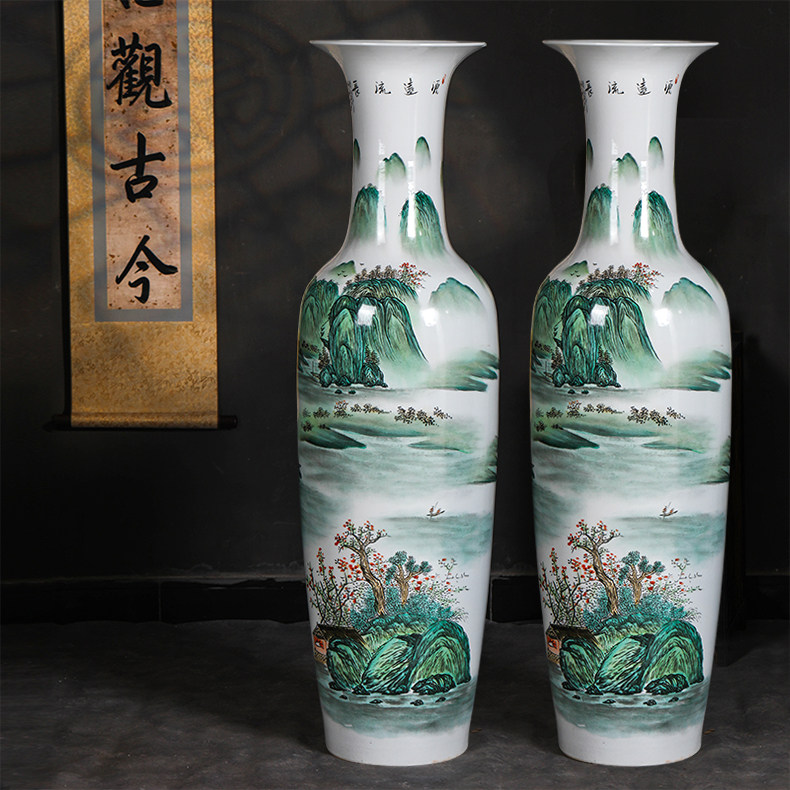 景德镇陶瓷器手绘山水落地大花瓶客厅酒店公司开业高档工艺品摆饰