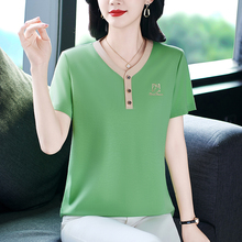 中老年人天丝短袖t恤女2025年新款夏装中年妈妈大码上衣V领体恤衫