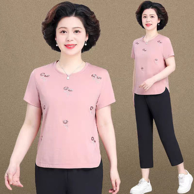 中老年妈妈夏季纯棉短袖运动服休闲套装女阔太太洋气质上衣两件套