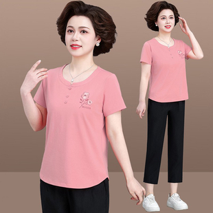 妈妈夏装 t恤宽松显瘦上衣纯棉 运动服套装 女中老年人洋气休闲短袖
