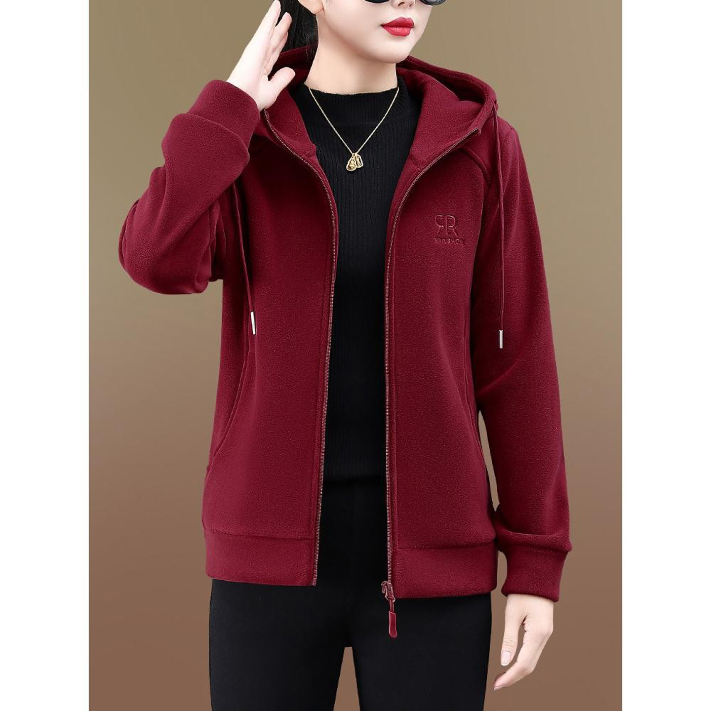 双面奥粒绒外套女秋冬新款加绒加厚连帽上衣休闲妈妈抓绒卫衣冬装