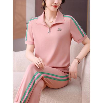 中年运动套装女夏季2025新款时尚洋气妈妈薄款短袖长裤休闲两件套