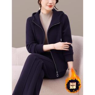 高级感妈妈秋冬加绒加厚运动服套装女中老年人连帽卫衣两件套冬装