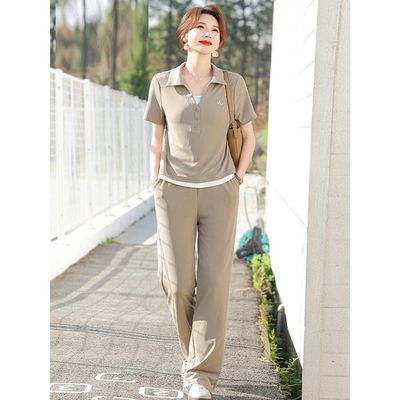 中年妈妈夏装运动服套装时尚中老年女夏季新款洋气翻领短袖T恤薄