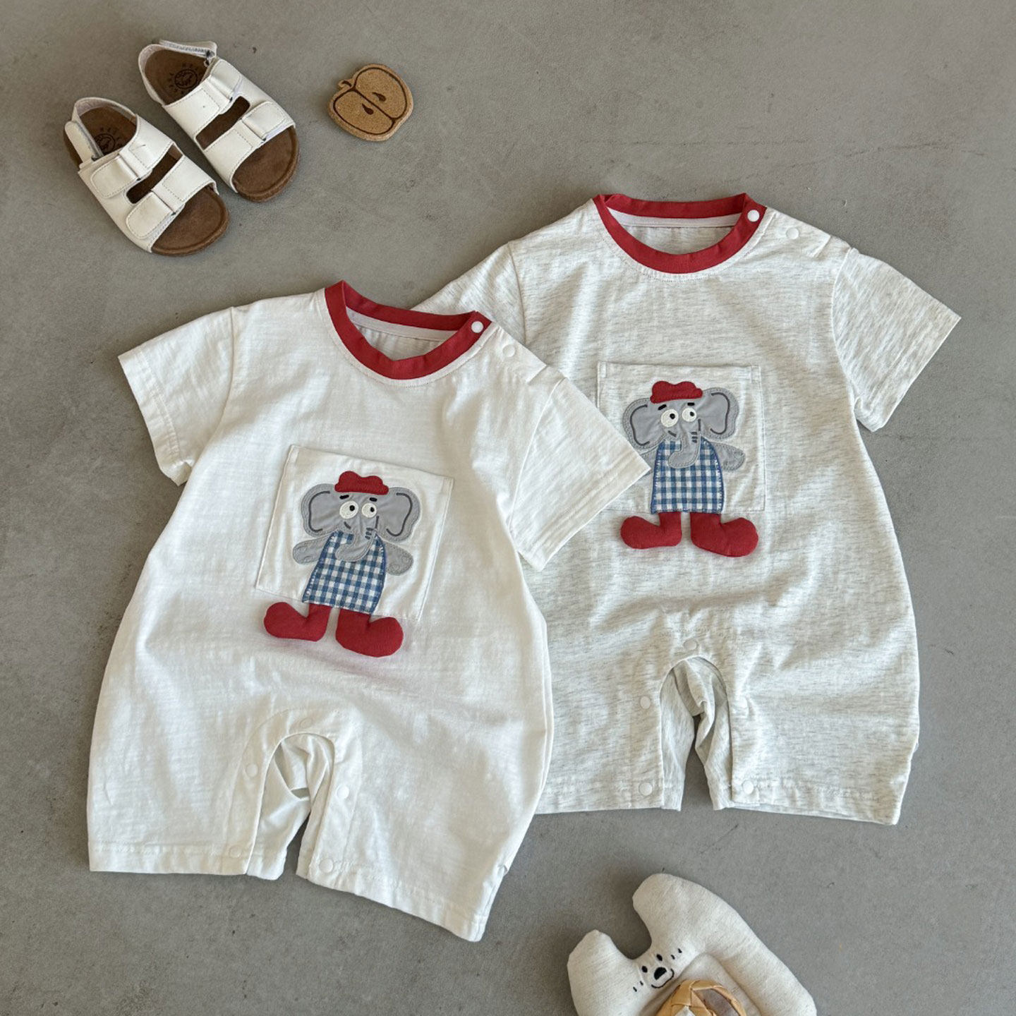 MOGUJ婴童连体衣2026春夏新款宝宝韩版可爱卡通大象贴布连体爬服