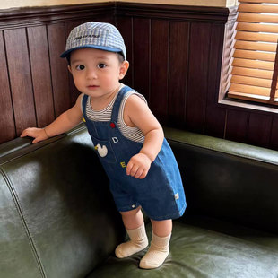 MOGUJ小童套装2026春夏新款韩版男童牛仔背带裤条纹背心两件套潮