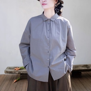 春夏款青灰色长绒棉百搭小衬衫外套女文艺休闲高级感宽松显瘦上衣