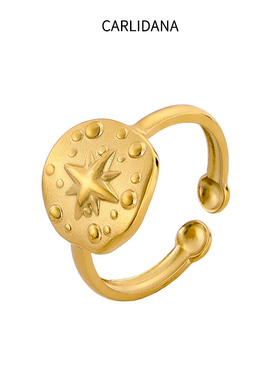 八芒星圆牌凸纹开口戒指钛钢14K镀金女时尚ins风星球复古法式
