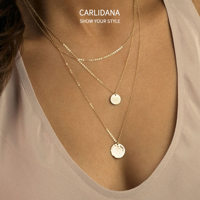 锤纹圆牌叠戴套链项链欧风IPG14K镀金钛钢极简混搭多层三条长短链