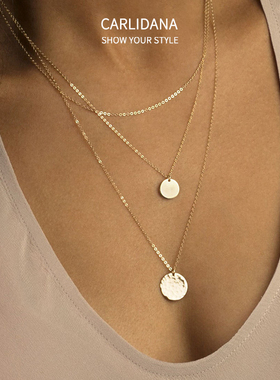 锤纹圆牌叠戴项链欧风钛钢极简