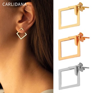 欧美时尚方形几何双耳环钛钢镀金不锈钢耳夹ins极简风双层耳饰
