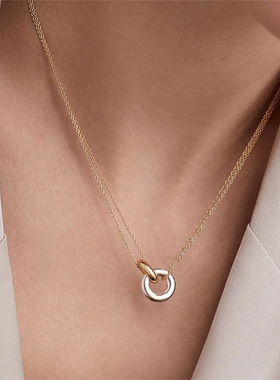 欧美法式钛钢双环拼色双圆圈18K镀金项链几何吊坠女士时尚锁骨链