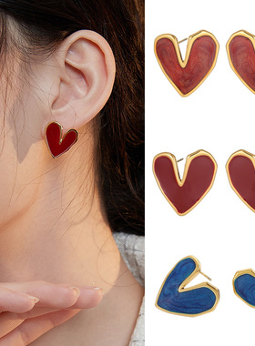 爱心珠光红色彩色耳钉钛钢IPG18K镀金法式ins桃心欧洲设计女耳饰