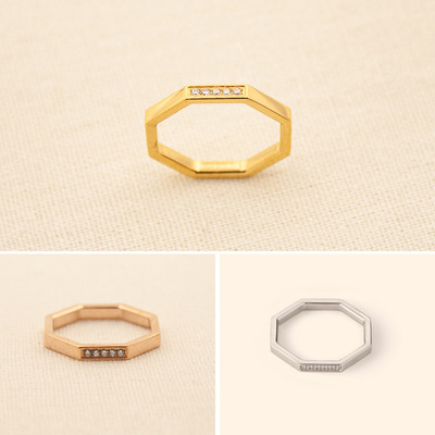 八斜面微镶锆石戒指分段式八边形钛钢IPG14K金女韩版指环食指戒
