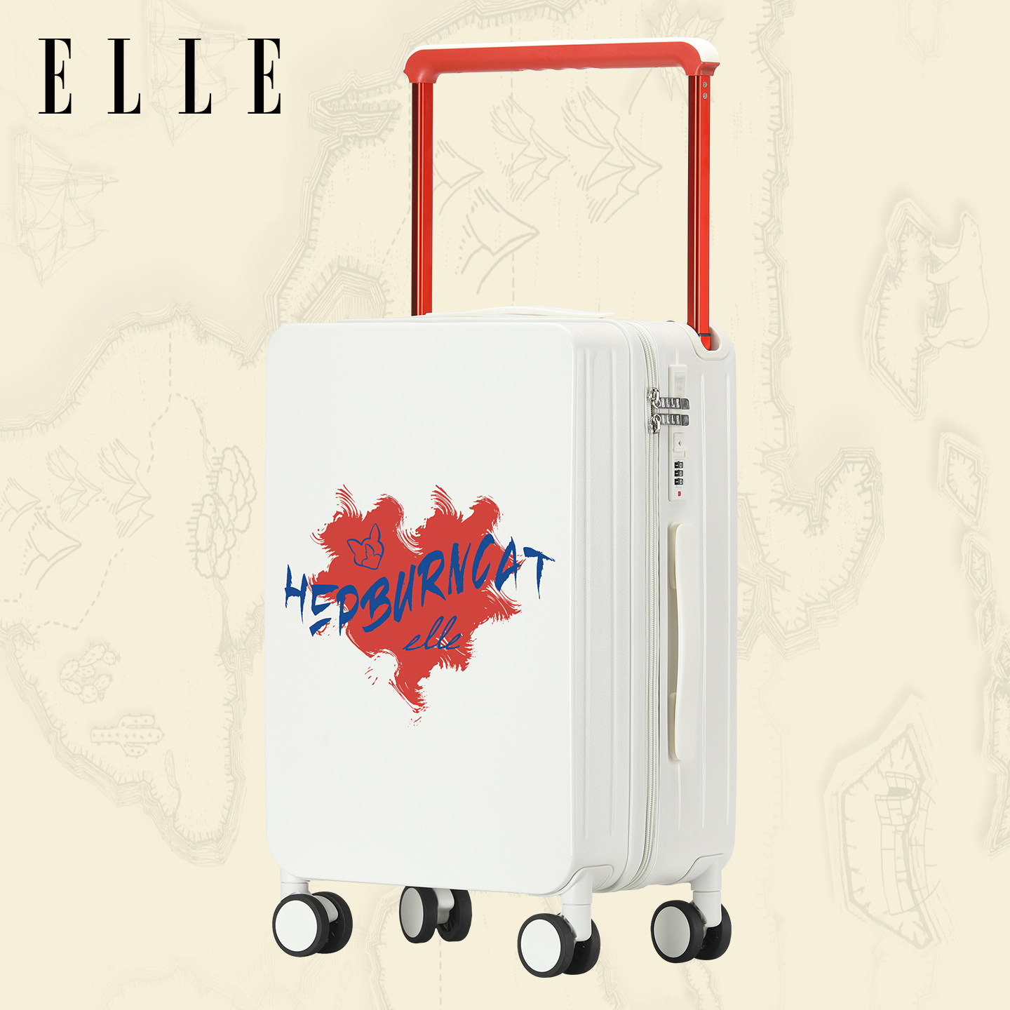 ELLE&赫本猫联名款印花图案行李箱女拉杆箱旅行箱时尚密码箱箱子图片