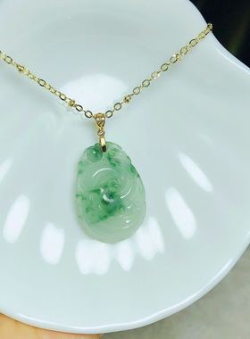18k金天然翡翠A货项吊坠冰糯种玉如意平安飘花阳绿不含链