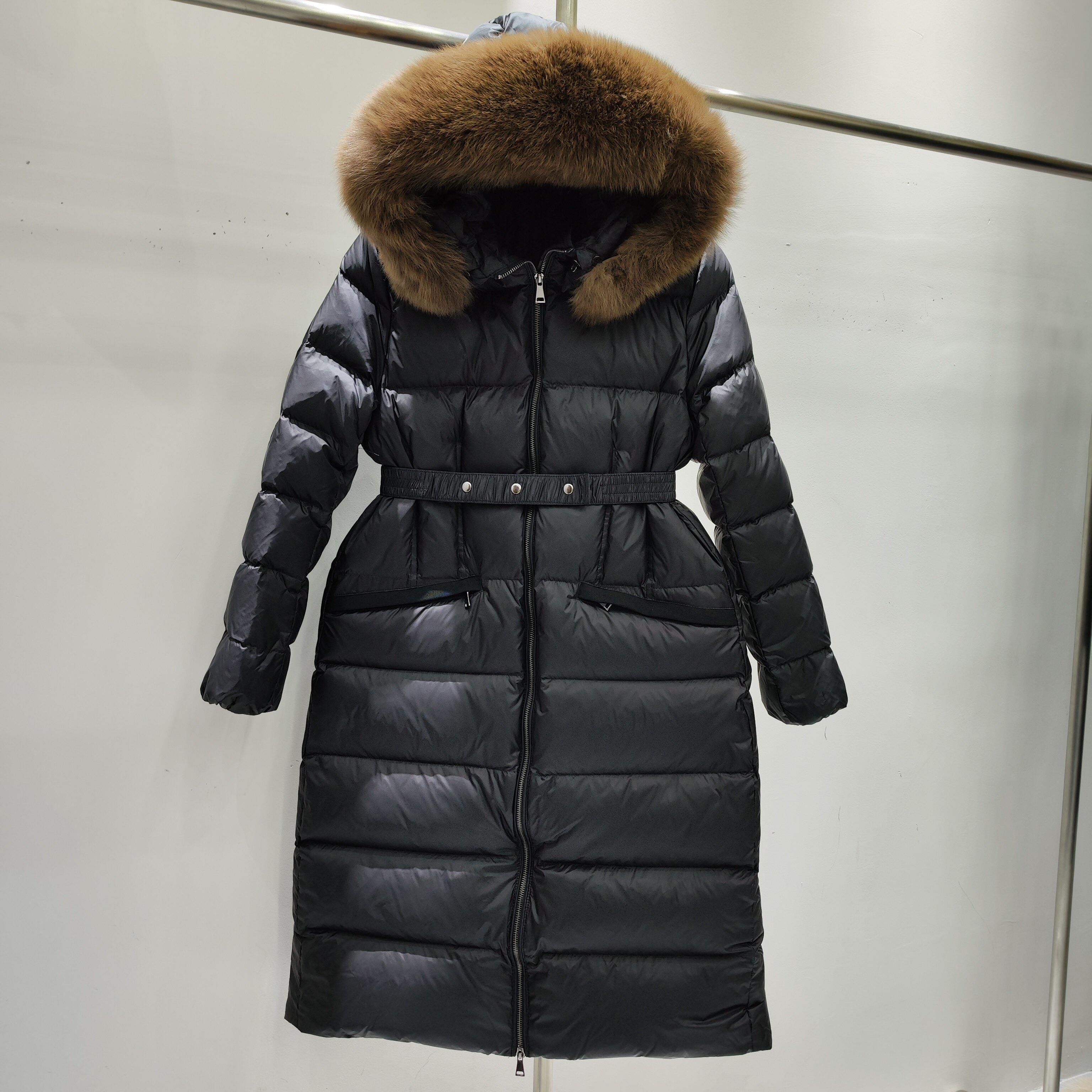 osexily轻奢羽绒服女24中长款加厚M修身收腰狐狸白鹅绒外套 黑色