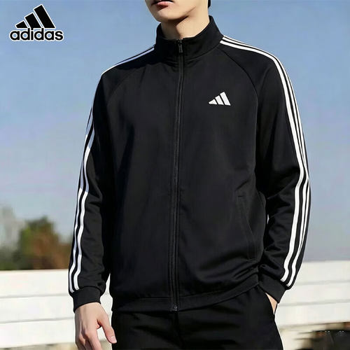 阿迪达斯adidas外套男三条纹运动服梭织防风立领夹克上衣KX0491