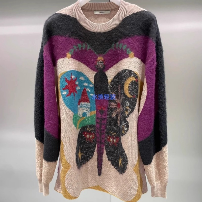 2H4E485吊牌1999大地素DAZZLE专柜正品2023冬蝴蝶梦境嵌花毛衫火