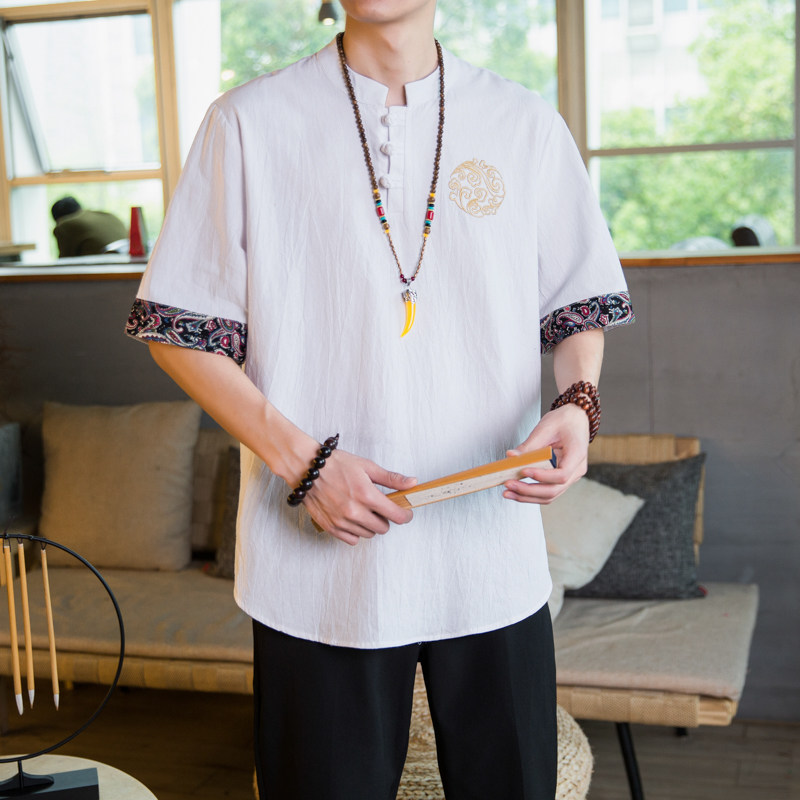 亚麻短袖t恤男士夏季中国风盘扣唐装半袖宽松棉麻冰丝七分袖体恤