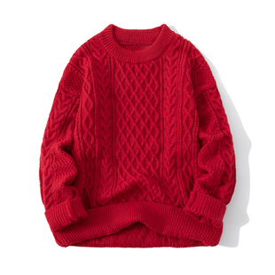 本命年大红色毛衣秋冬季男慵懒高级感粗麻花针织外套圣诞情侣线衣