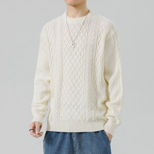 加绒大码美式复古绞花阿兰毛衣圆领渔夫巴恩风编织麻花针织衫男秋