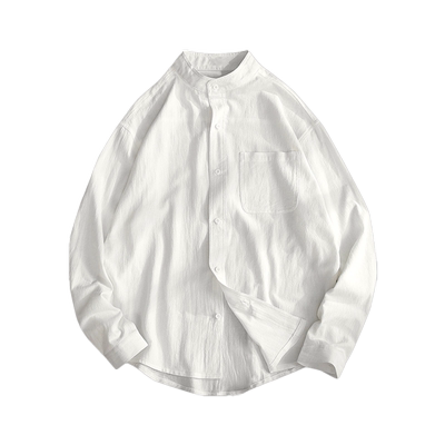 简约立领亚麻衬衫男长袖棉麻衬衣