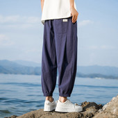 夏季 薄款 透气棉麻裤 亚麻裤 束脚哈伦八分裤 九分裤 子中国风大码 男士