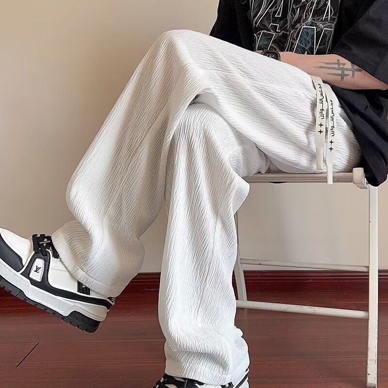 垂感直筒裤子男款夏季薄潮流冰丝长裤大码宽松白色阔腿休闲裤男士