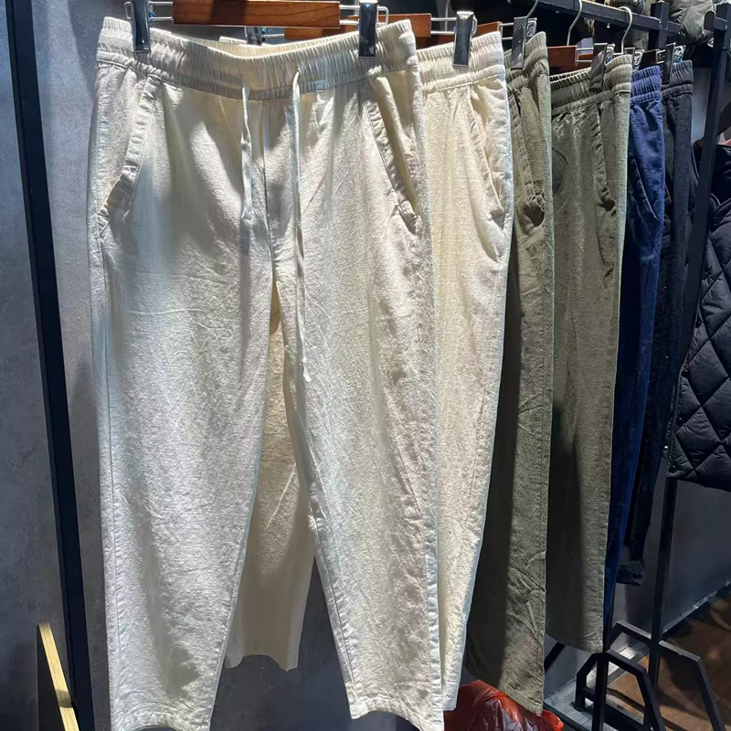 高端纯亚麻男裤夏季薄款九分裤男士麻料裤子松紧腰小脚休闲棉麻裤