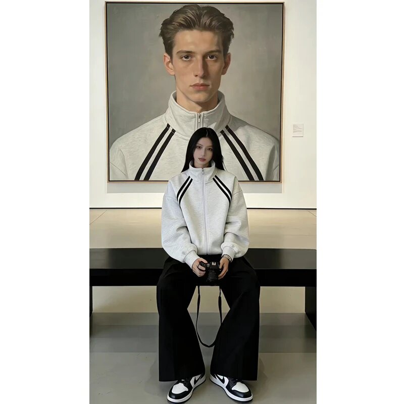 美式运动条纹卫衣男女款秋季立领开衫棒球服休闲潮牌情侣夹克外套