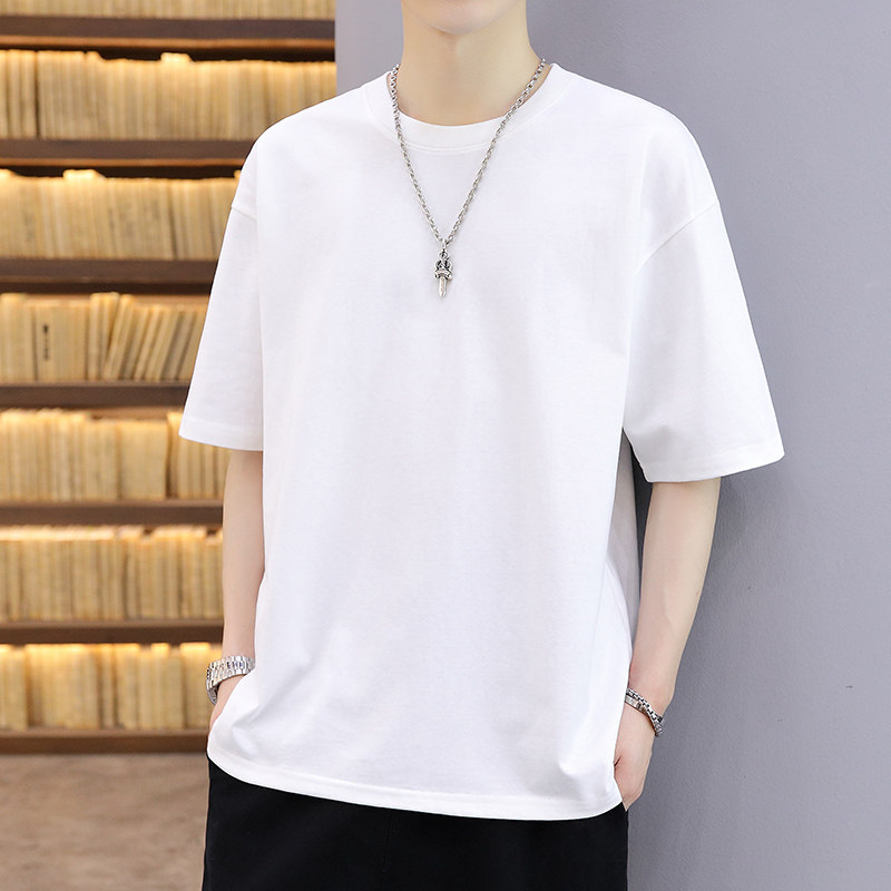 纯棉男士短袖t恤内搭圆领宽松衣服夏季潮流纯色白色半袖大码男装