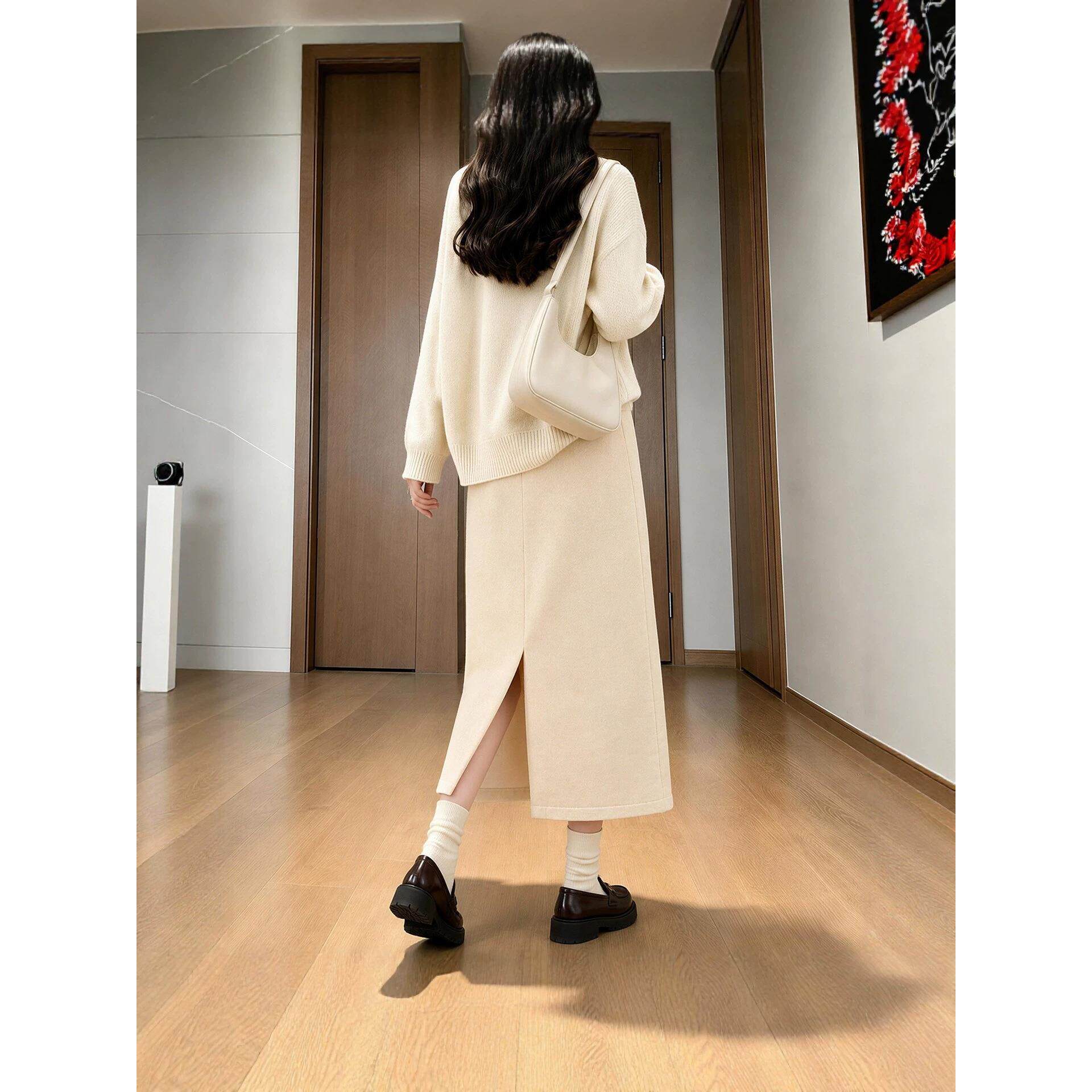 白色毛呢半身裙女2026新款秋冬季高腰a字开叉包臀裙小个子中长裙