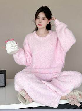 套装半边优雅可爱简约秋冬季保暖家居服粉色加厚扎染圆领睡衣绒女