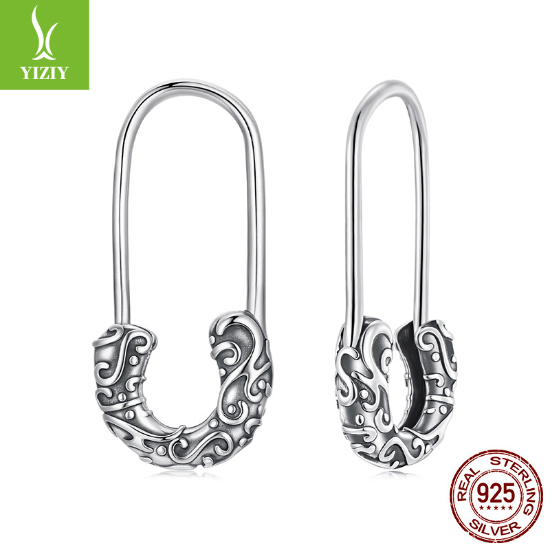 复古卷草纹回形针耳钩 个性中古风s925银扣针耳环耳饰