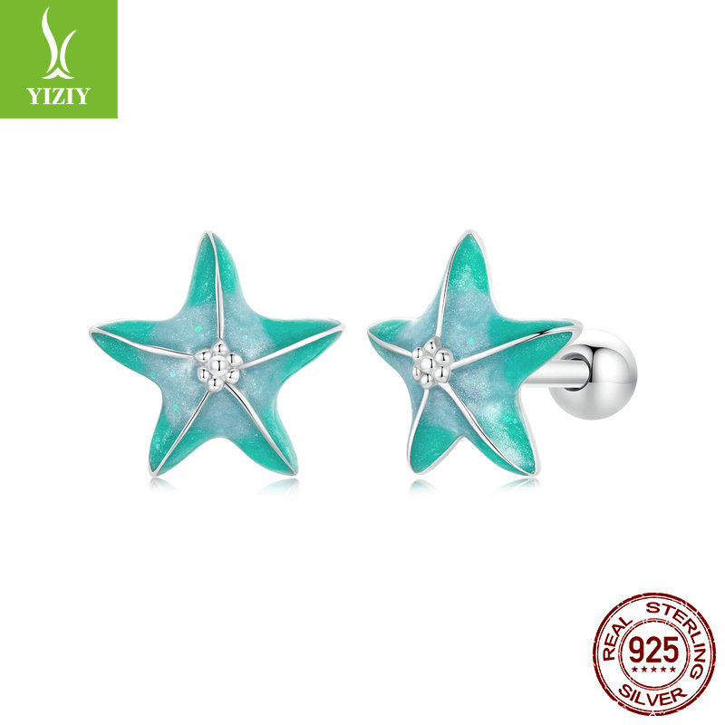新款蓝绿色海星螺纹耳钉 夏季小清新s925纯银星形耳钉耳饰