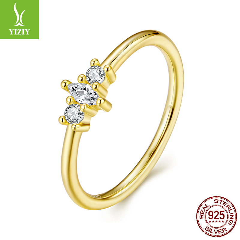 新款简约马眼锆石单戒 时尚叠戴s925纯银镀14K金戒指指环