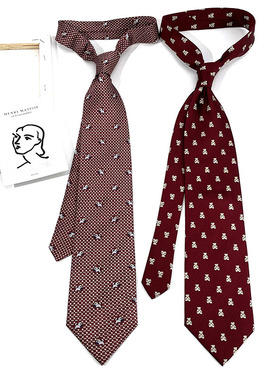 HOW真丝男女衬衣卡通小马驹小熊暗红色婚礼主持宽版手打长领带