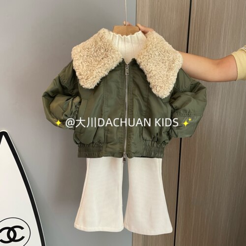 女童韩版厚款大翻领外套派克棉服短款机车服棉服外套大毛领休闲厚