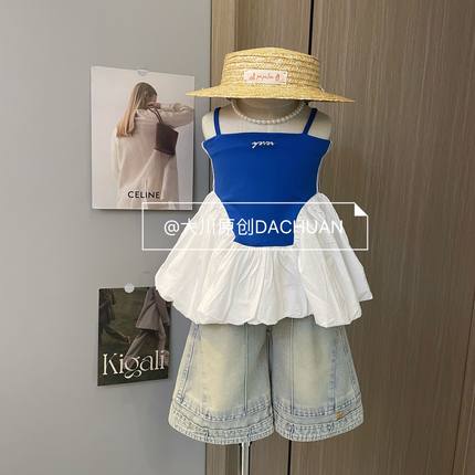 女童时髦洋气蓝白吊带七分牛仔裤套装2025夏装新款两件套休闲潮裤