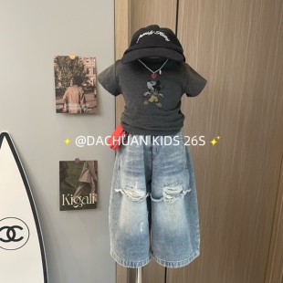 女童灰色米奇短袖T恤假两件P帘牛仔裤2026春装新款割破牛仔裤套装