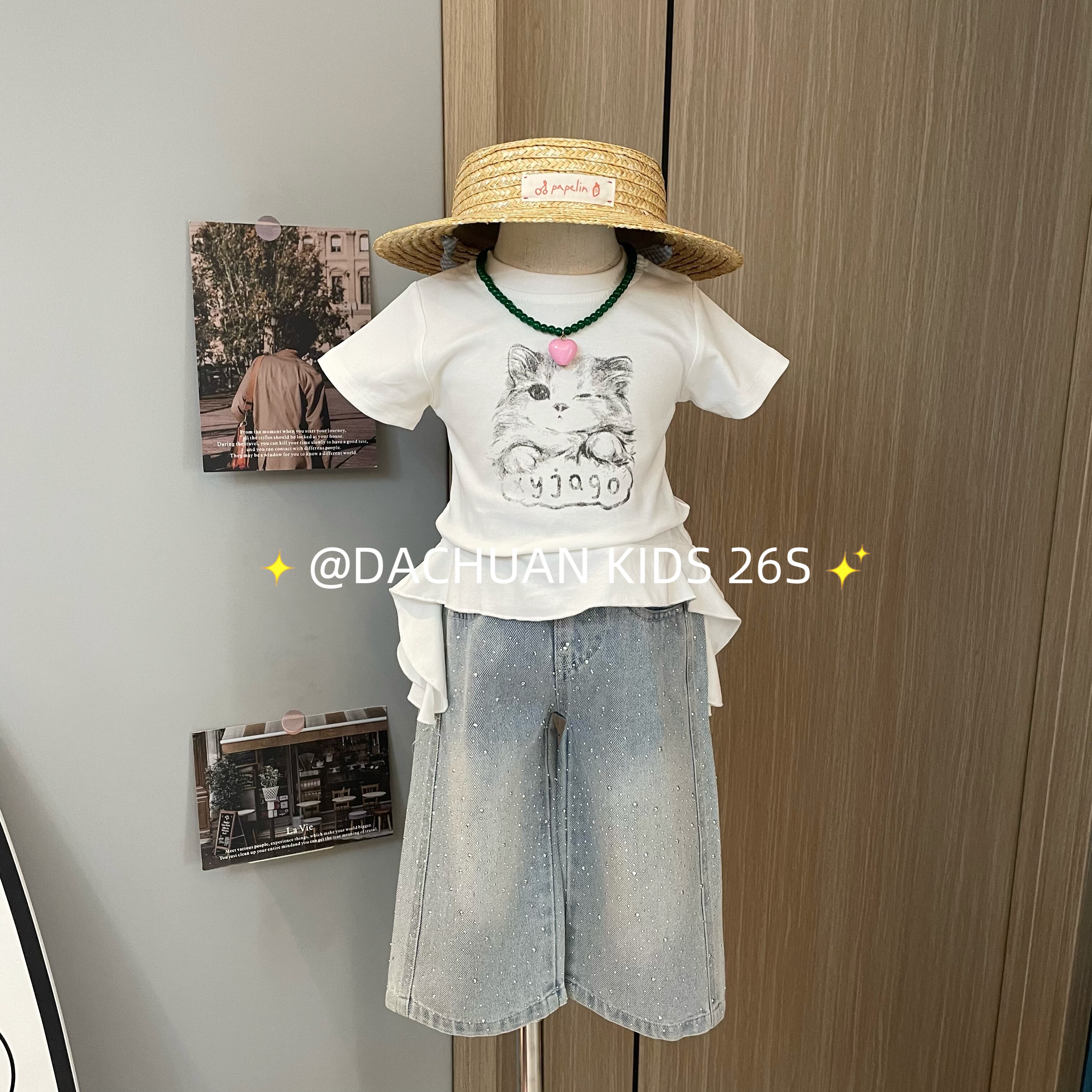 2026夏装女童夏款韩版卡通花边短袖T恤烫钻牛仔裤休闲两件套猫咪T图片