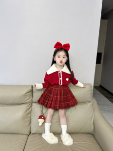 女宝洋气开衫 新款 百褶裙两件套 2024春装 女童小香风红色毛衣套装