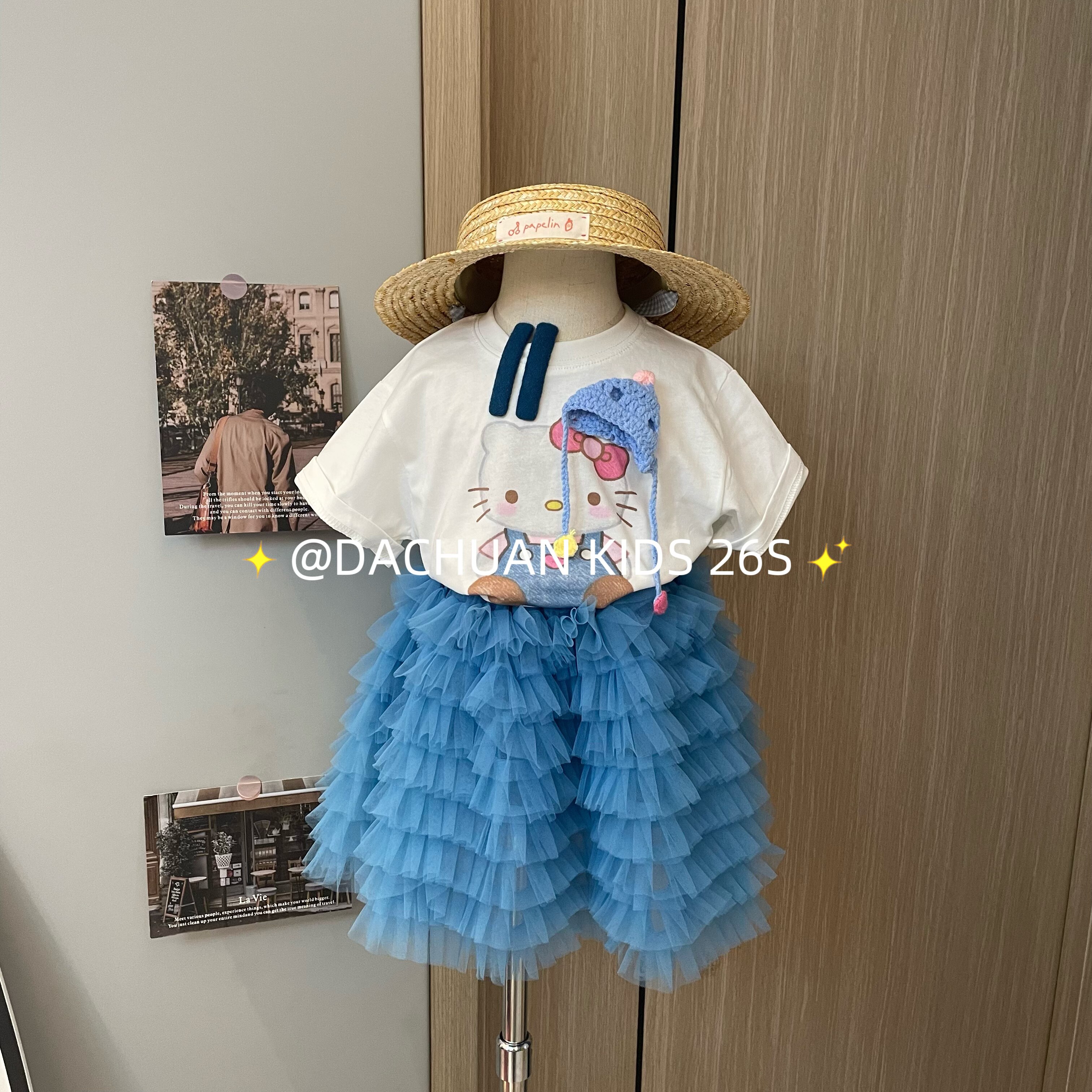 女童卡通帽子短袖T恤蓝色纱纱半裙2026夏季新款韩版童装休闲T套装