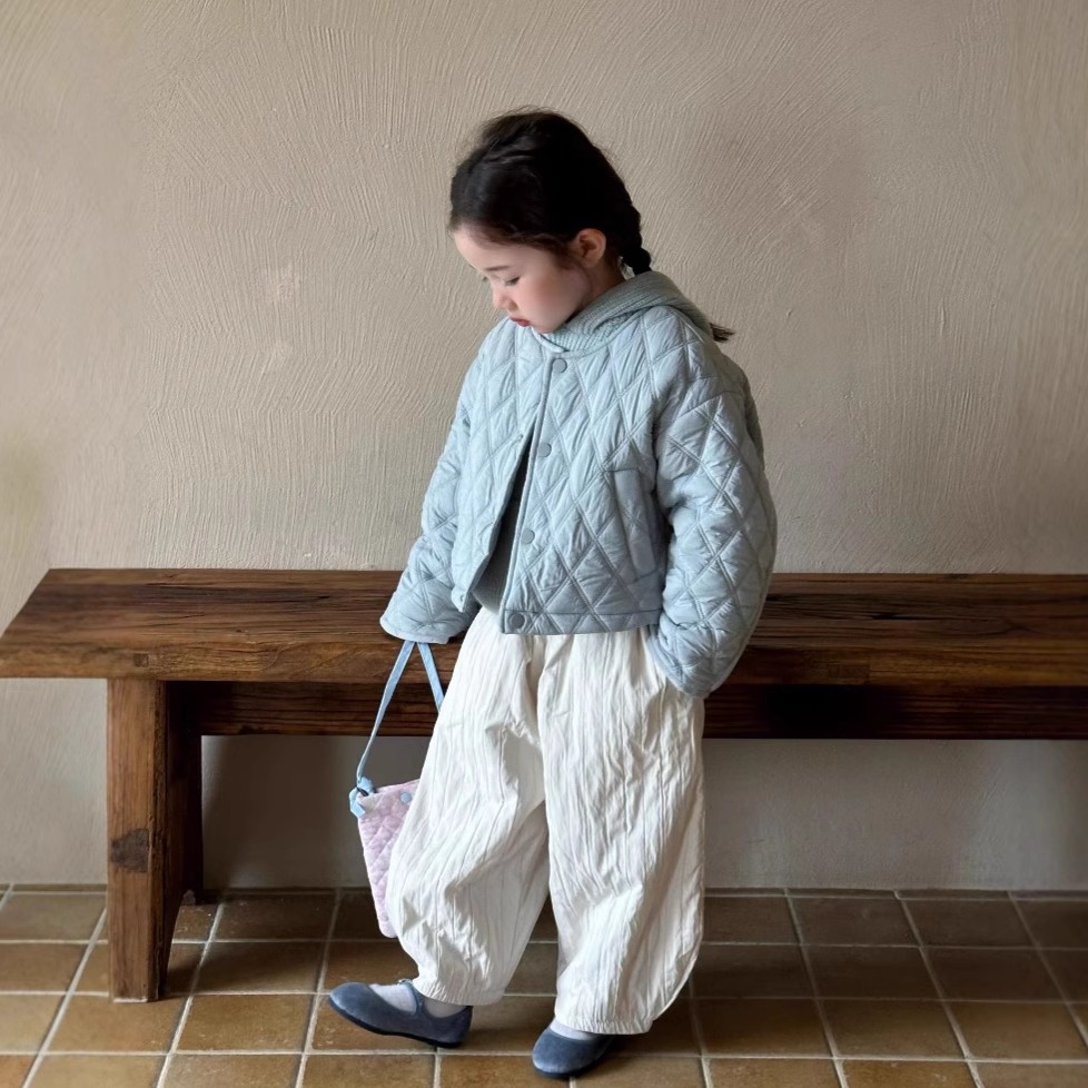 女童韩版短款蓝色棉服外套菱格珩棉棉衣25冬季新款夹棉加厚夹克衫