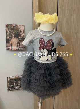女童卡通KT短袖T恤灰色纱纱半裙26夏季新款韩版童装休闲短袖半裙