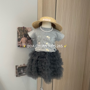 女童卡通KT短袖T恤灰色纱纱半裙26夏季新款韩版童装休闲短袖半裙