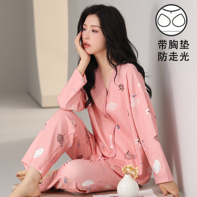 新款带胸垫胸托大码睡衣女春秋天纯棉长袖胖mm秋冬条纹女士家居服