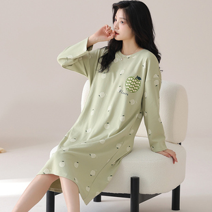 睡裙女春夏季纯棉长袖连衣裙薄款春秋韩版孕妇睡衣大码宽松特大号